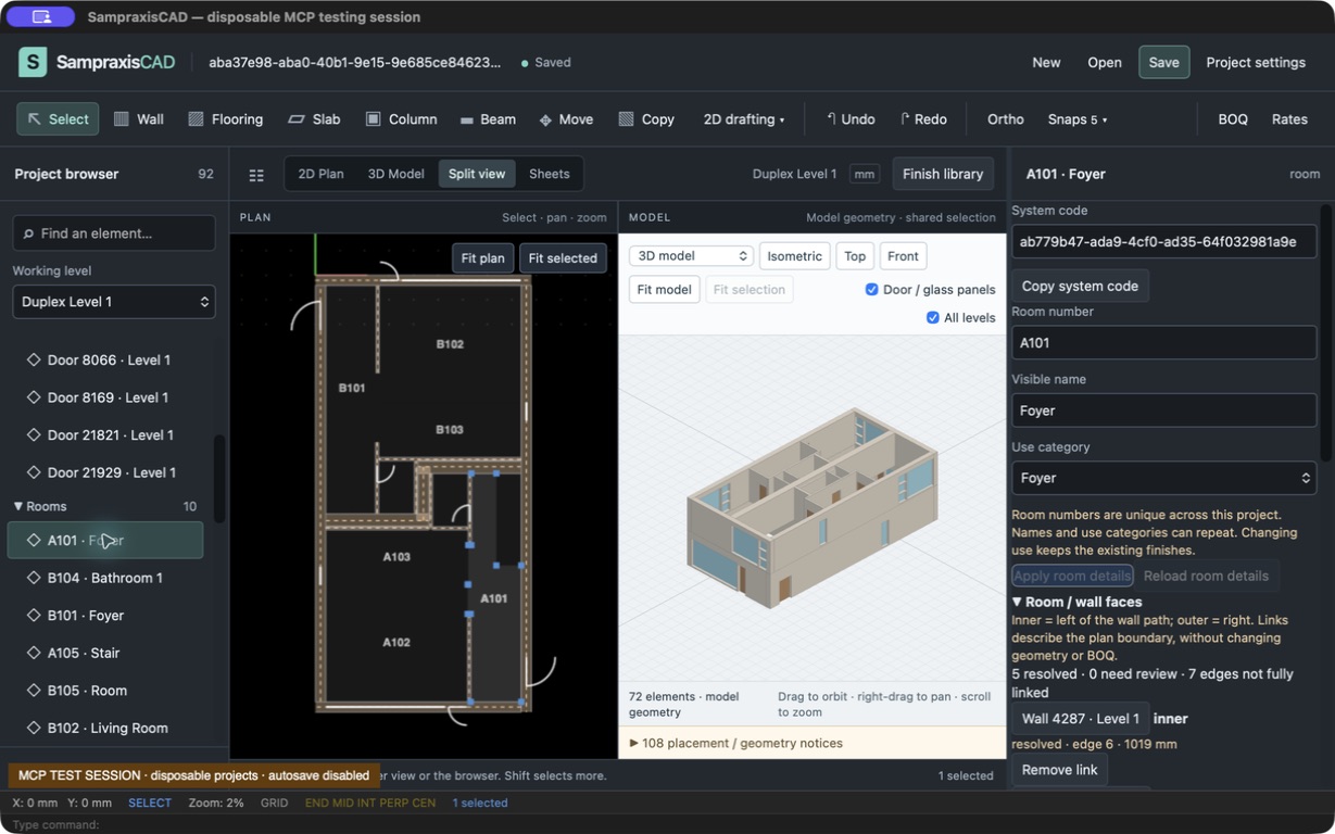 Sampraxis CAD split view showing a sample duplex floor plan, 3D building geometry and room properties